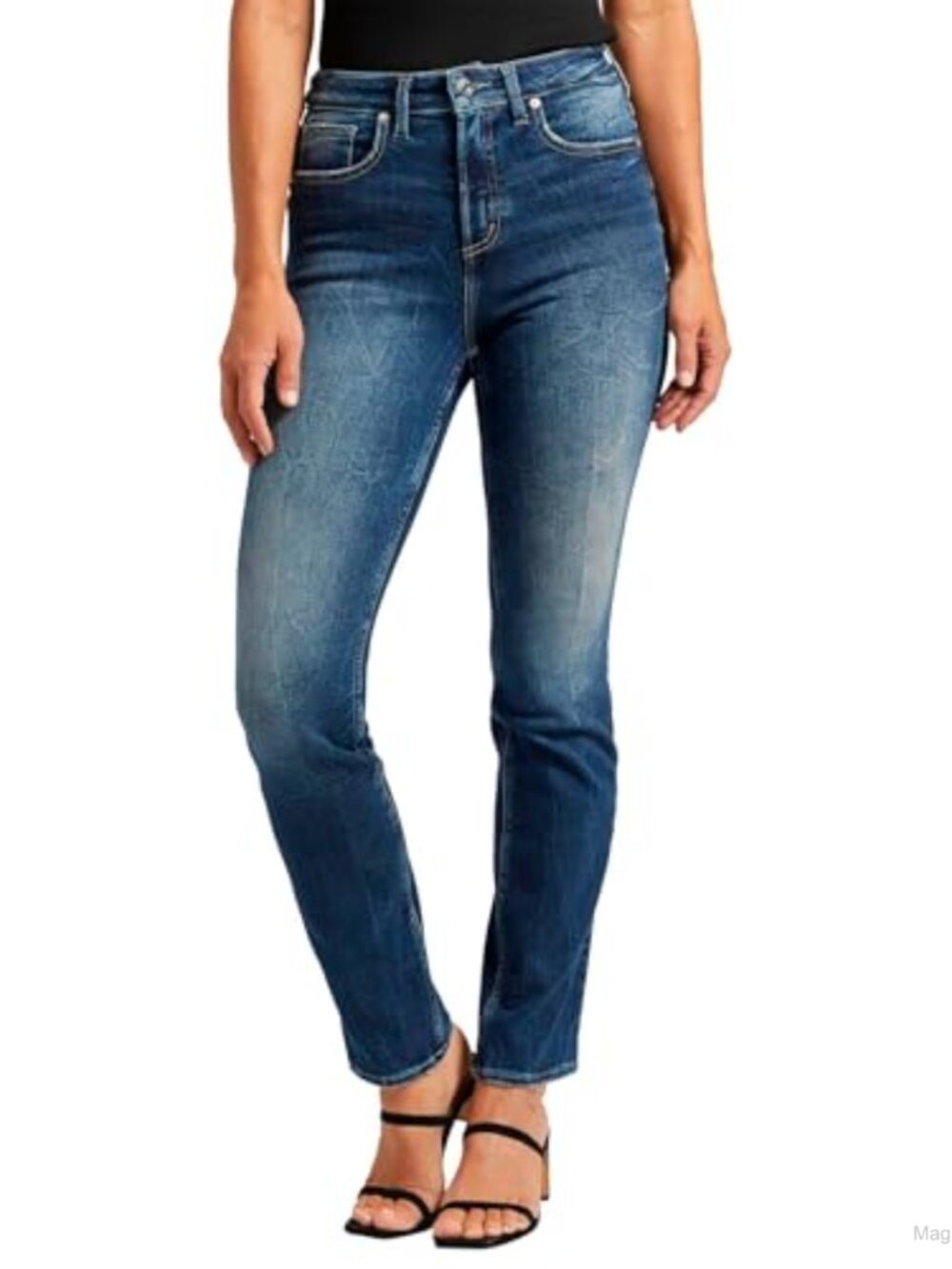 High Rise Straight Leg Jeans Stretch Cotton Blend 5-Pocket Denim